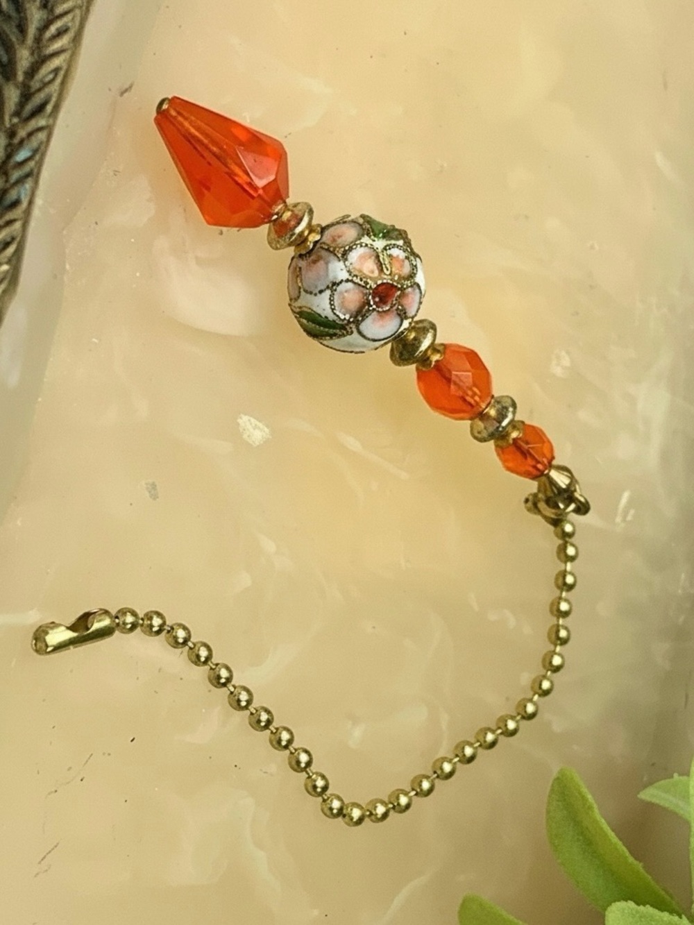Decorative Orange Crystal Cloisonné Fan Pull • Light Chandelier Pull Chain